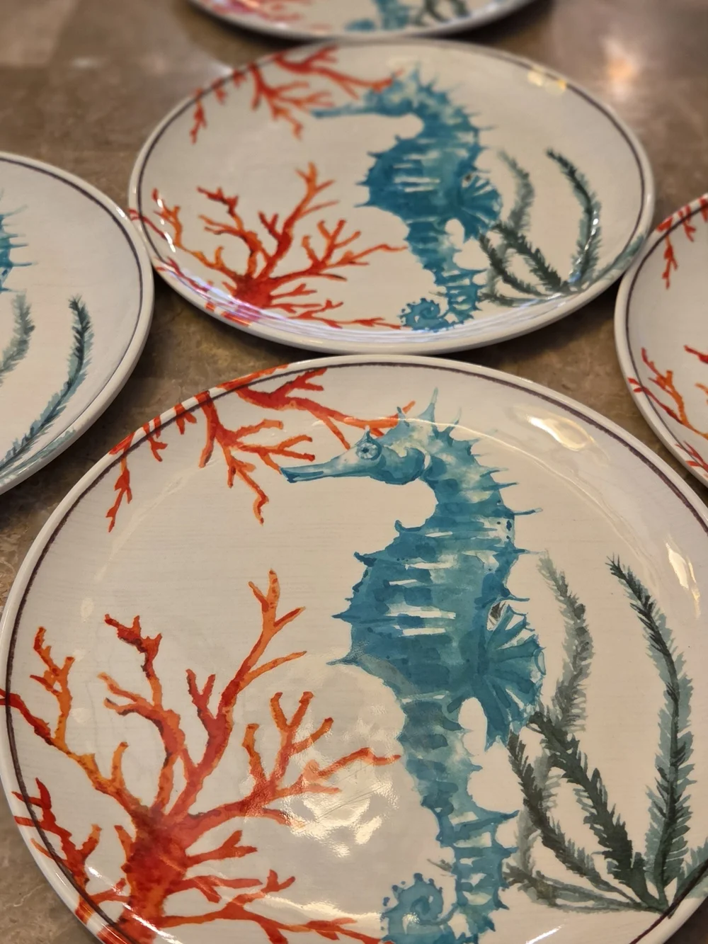 Seahorse Coral Melamine Coastal Plate Set, Cups, & Stainless Steel Flatware Set